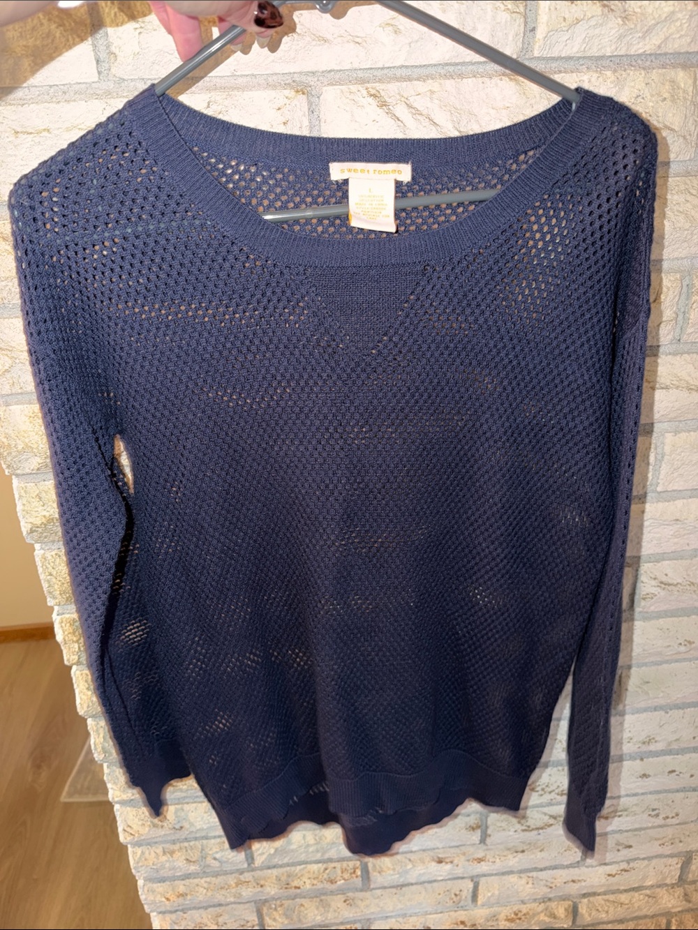 Sweet Romeo Navy Open-Knit Crewneck Sweater